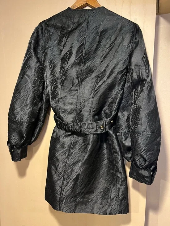 Ganni Black Textured Wrap Mini Dress with Puff Sleeves - Picture 3 of 5